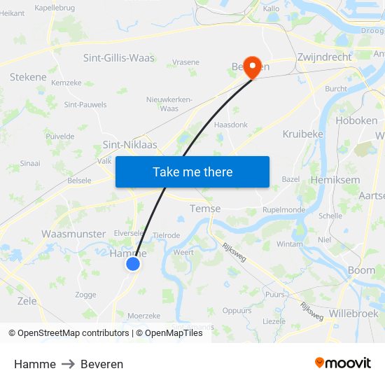 Hamme to Beveren map