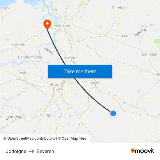 Jodoigne to Beveren map