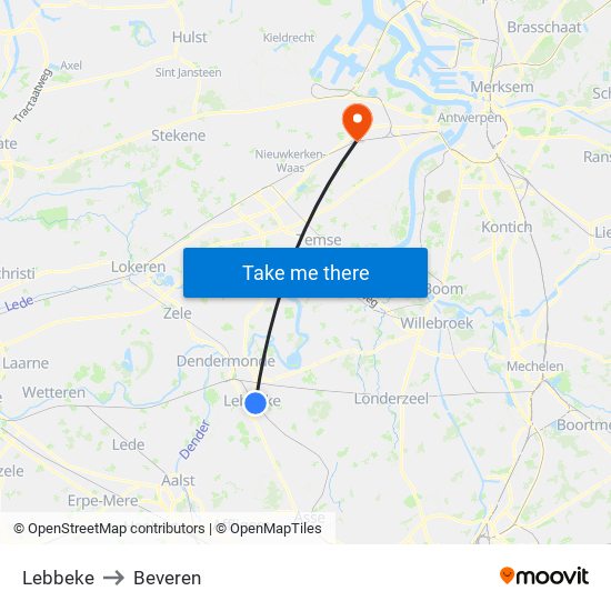 Lebbeke to Beveren map
