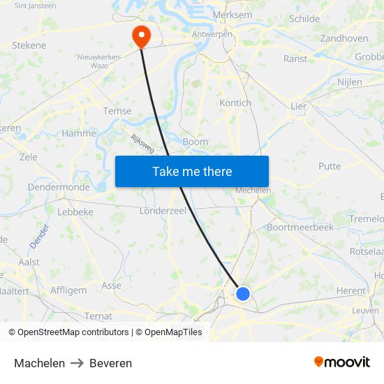 Machelen to Beveren map