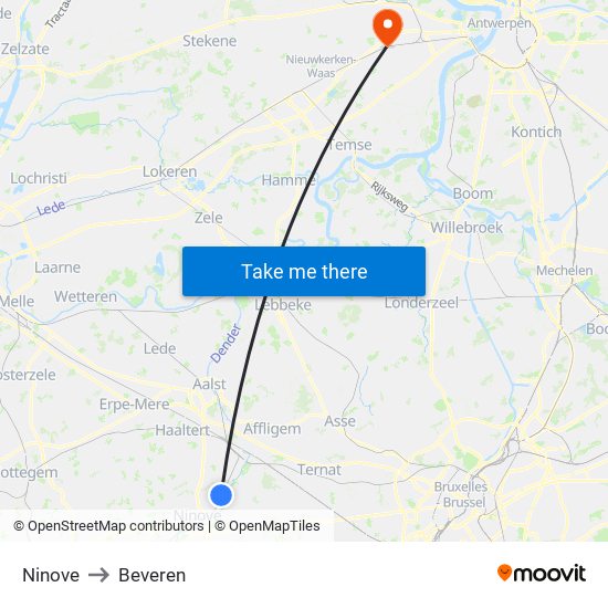 Ninove to Beveren map