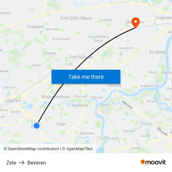 Zele to Beveren map