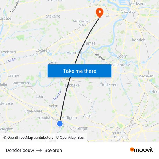 Denderleeuw to Beveren map