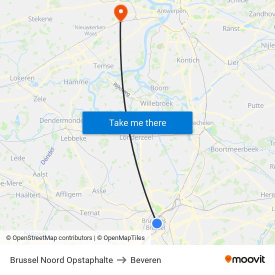 Brussel Noord Opstaphalte to Beveren map