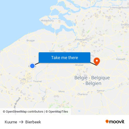 Kuurne to Bierbeek map