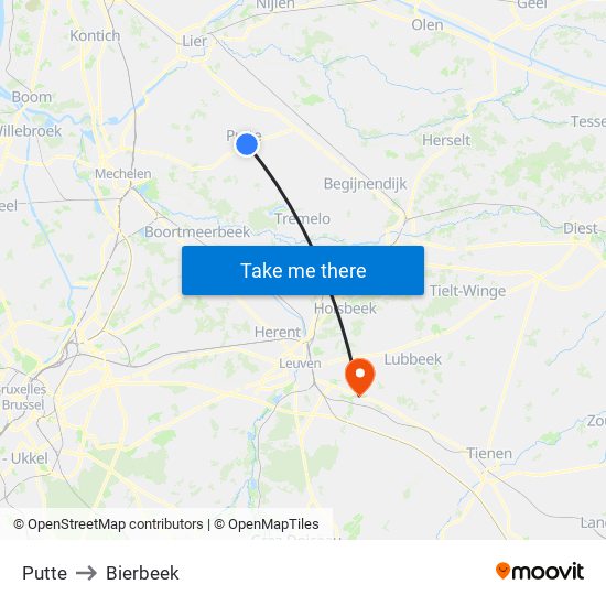 Putte to Bierbeek map