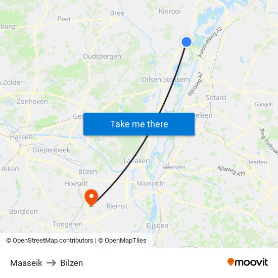 Maaseik to Bilzen map