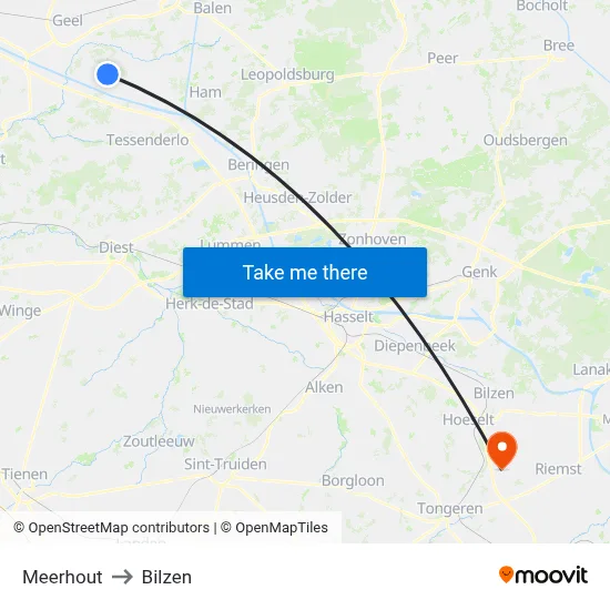 Meerhout to Bilzen map