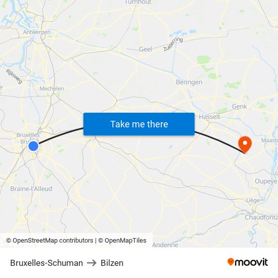 Bruxelles-Schuman to Bilzen map