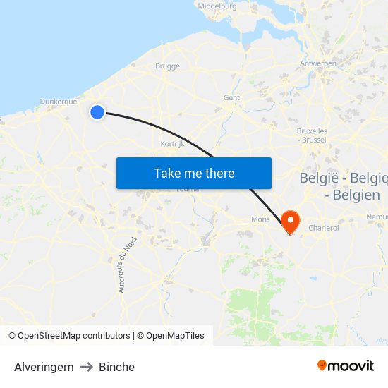 Alveringem to Binche map