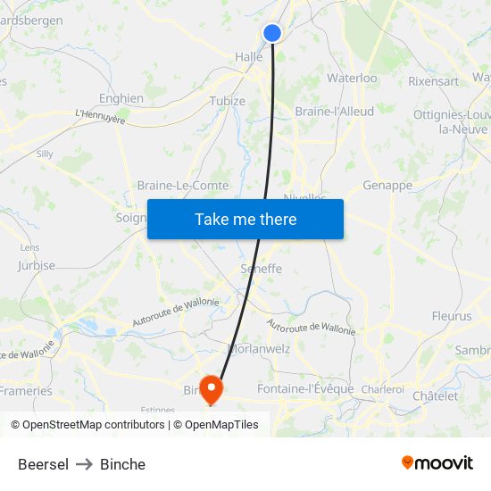 Beersel to Binche map
