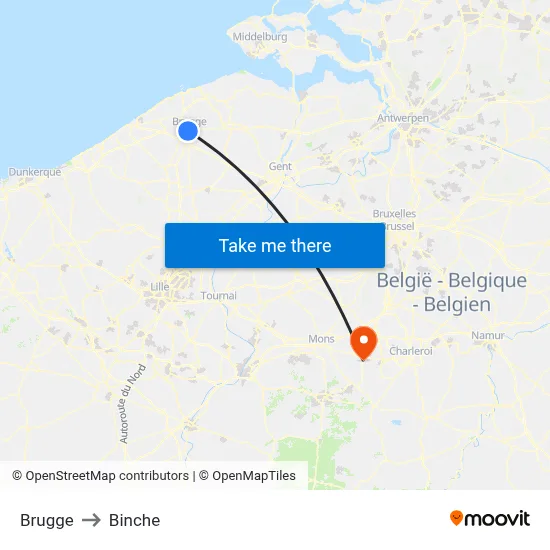 Brugge to Binche map