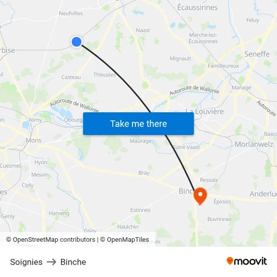 Soignies to Binche map