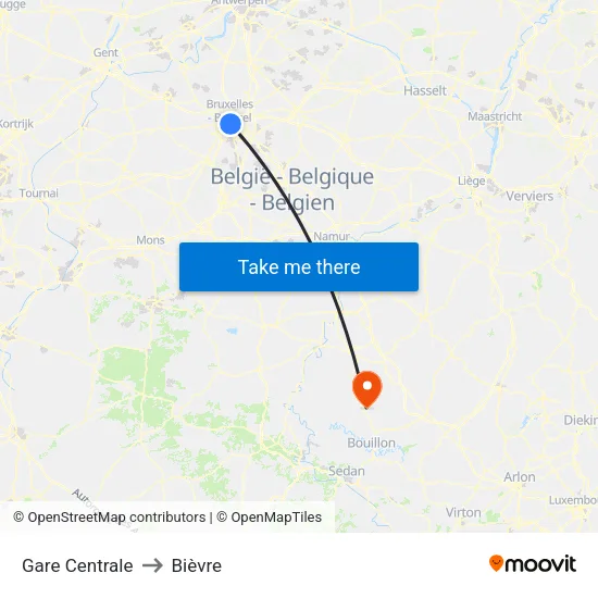 Gare Centrale to Bièvre map