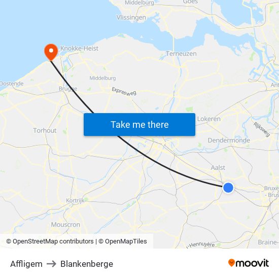 Affligem to Blankenberge map