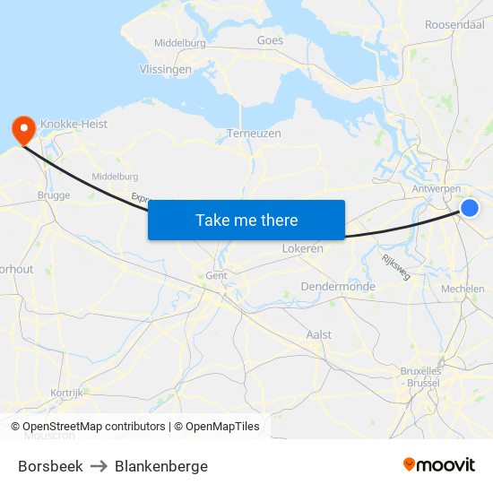 Borsbeek to Blankenberge map