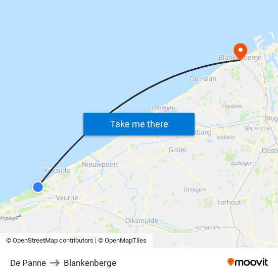 De Panne to Blankenberge map