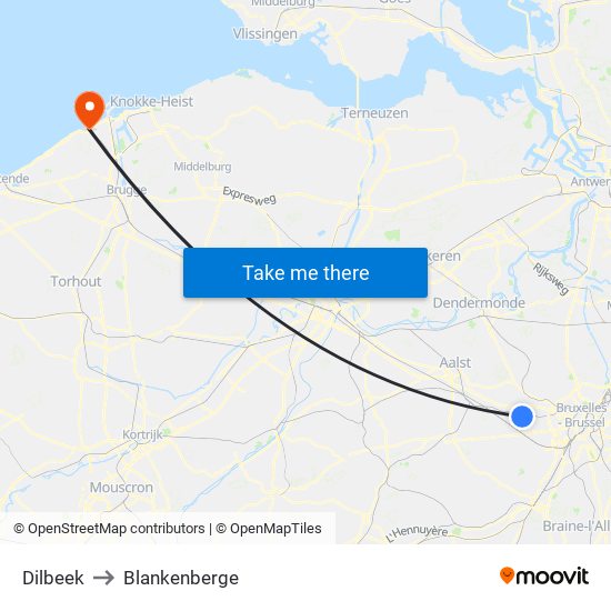 Dilbeek to Blankenberge map