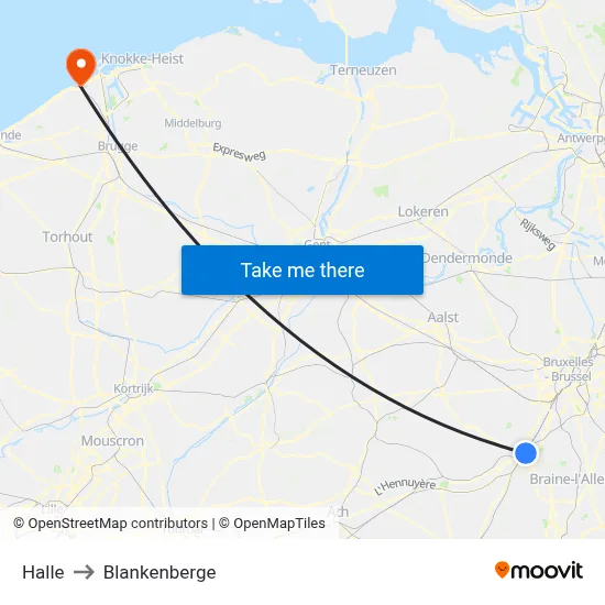 Halle to Blankenberge map