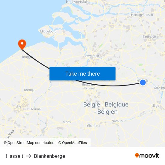 Hasselt to Blankenberge map