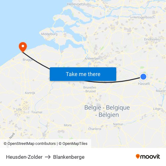 Heusden-Zolder to Blankenberge map