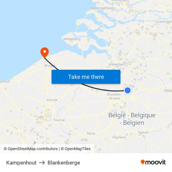 Kampenhout to Blankenberge map
