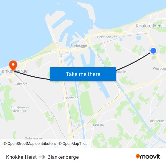 Knokke-Heist to Blankenberge map