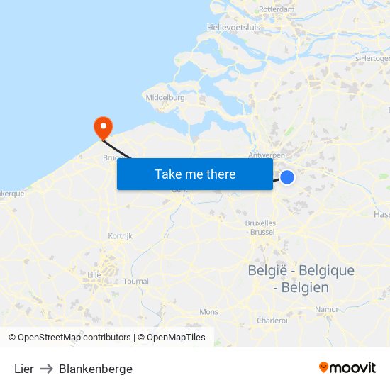 Lier to Blankenberge map