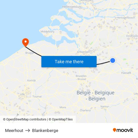 Meerhout to Blankenberge map
