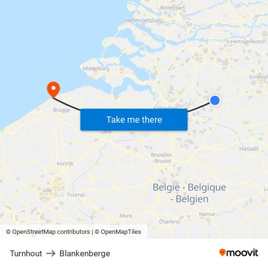 Turnhout to Blankenberge map