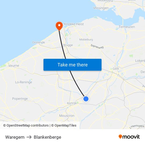 Waregem to Blankenberge map