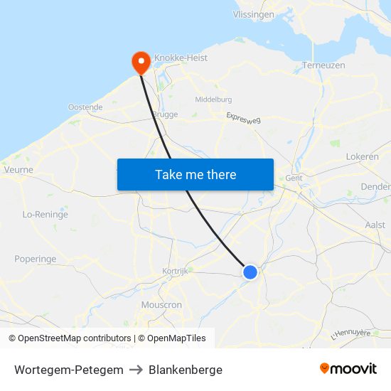 Wortegem-Petegem to Blankenberge map