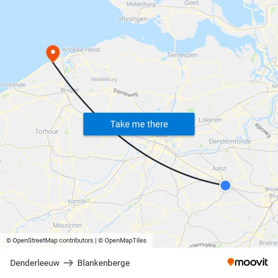 Denderleeuw to Blankenberge map