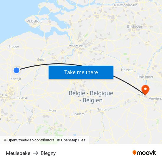 Meulebeke to Blegny map