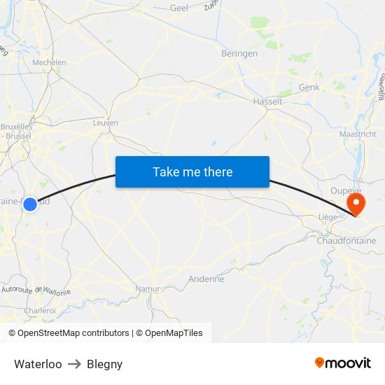 Waterloo to Blegny map