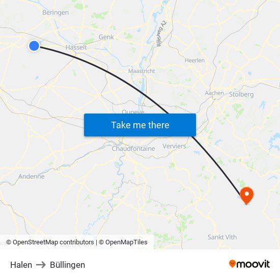 Halen to Büllingen map