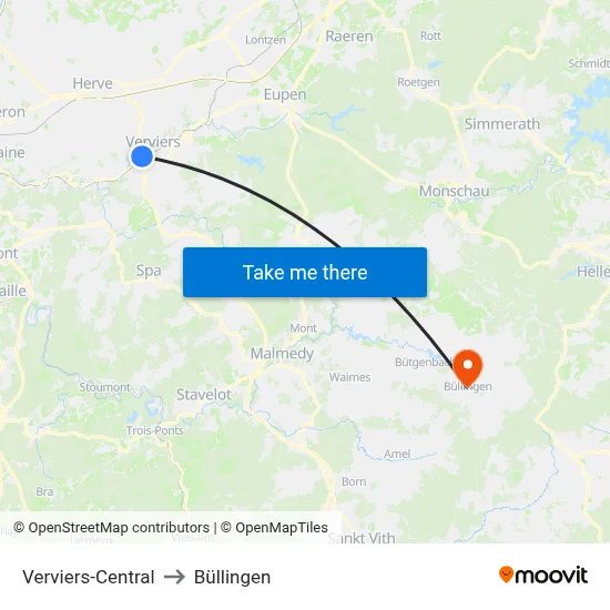 Verviers-Central to Büllingen map