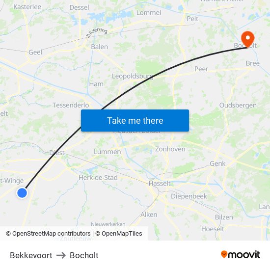 Bekkevoort to Bocholt map