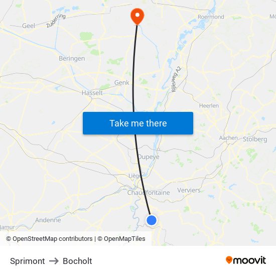 Sprimont to Bocholt map