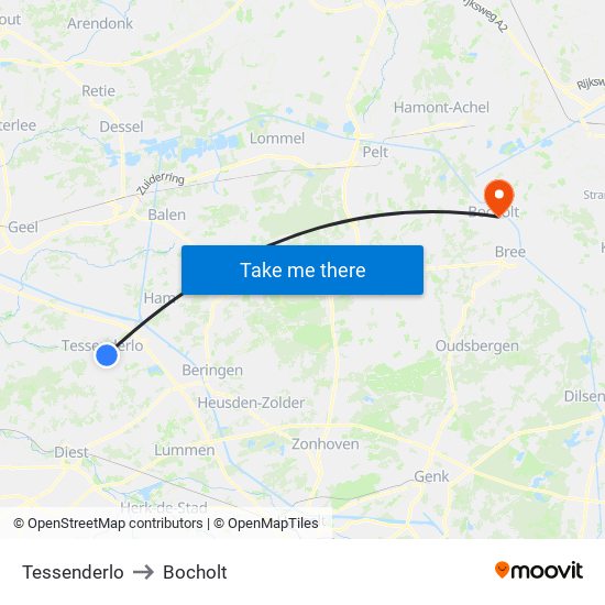 Tessenderlo to Bocholt map