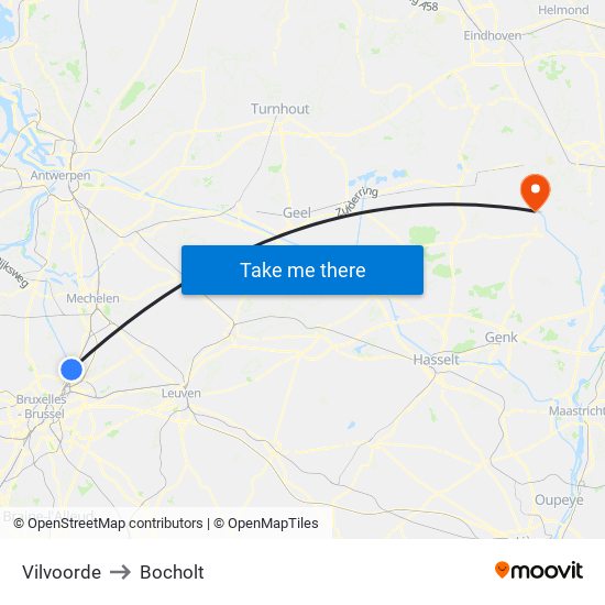 Vilvoorde to Bocholt map