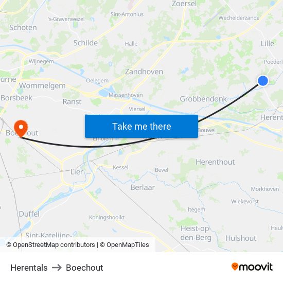 Herentals to Boechout map