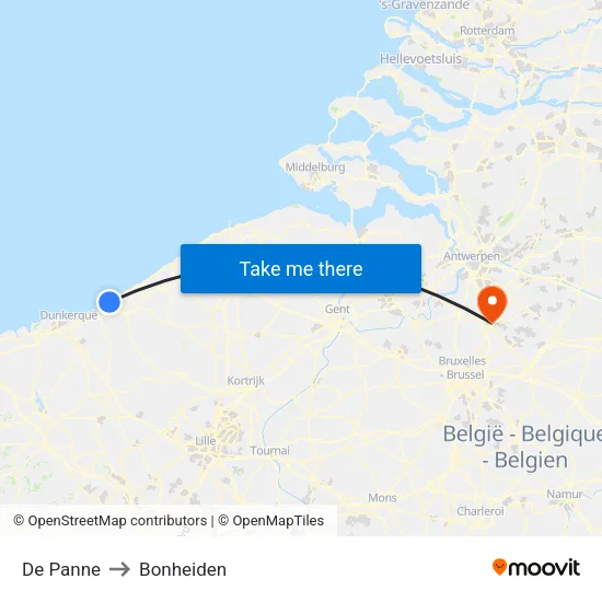 De Panne to Bonheiden map