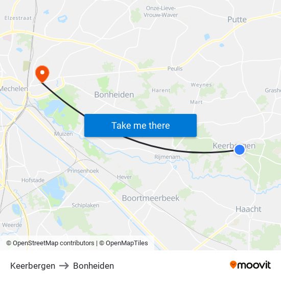 Keerbergen to Bonheiden map