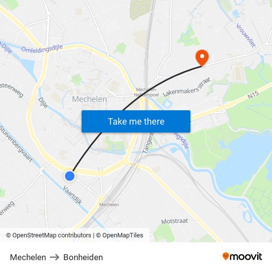 Mechelen to Bonheiden map