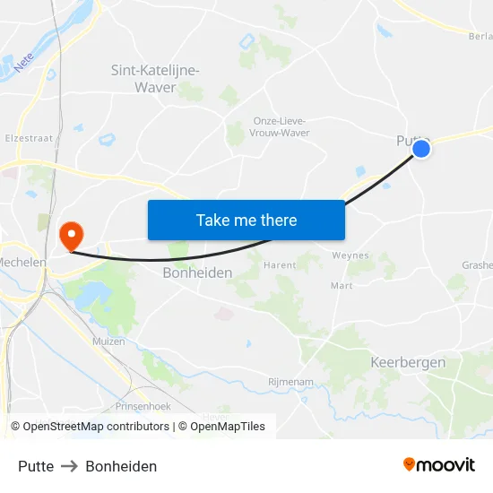 Putte to Bonheiden map
