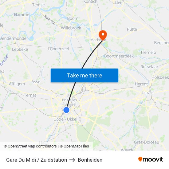 Gare Du Midi / Zuidstation to Bonheiden map