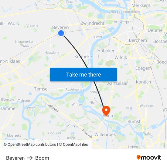 Beveren to Boom map