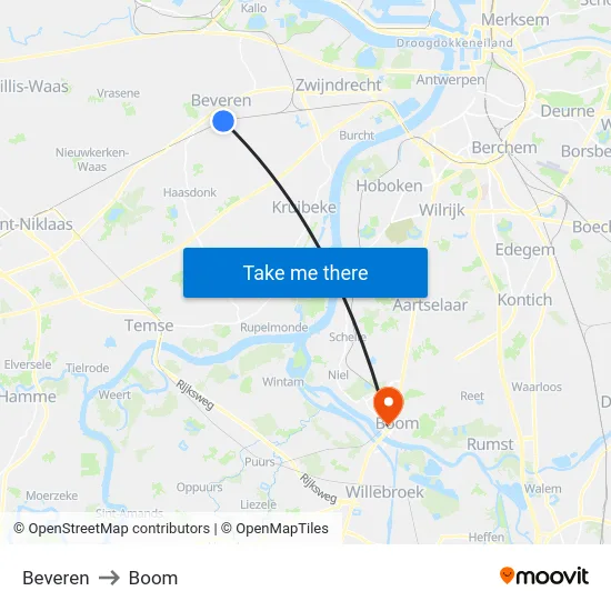 Beveren to Boom map