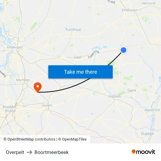 Overpelt to Boortmeerbeek map